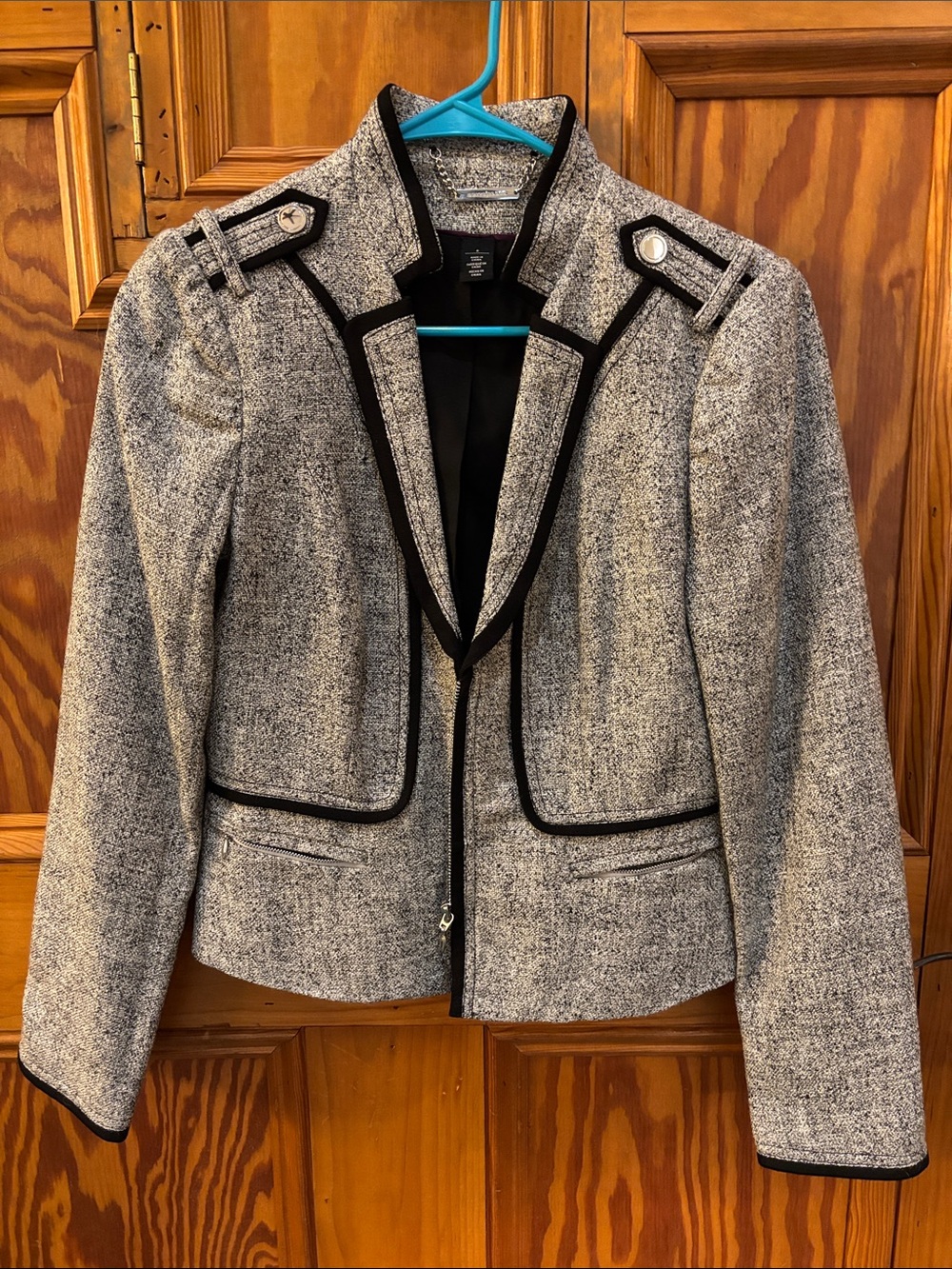 White House Black Market Gray Tweed Blazer with Black Trim